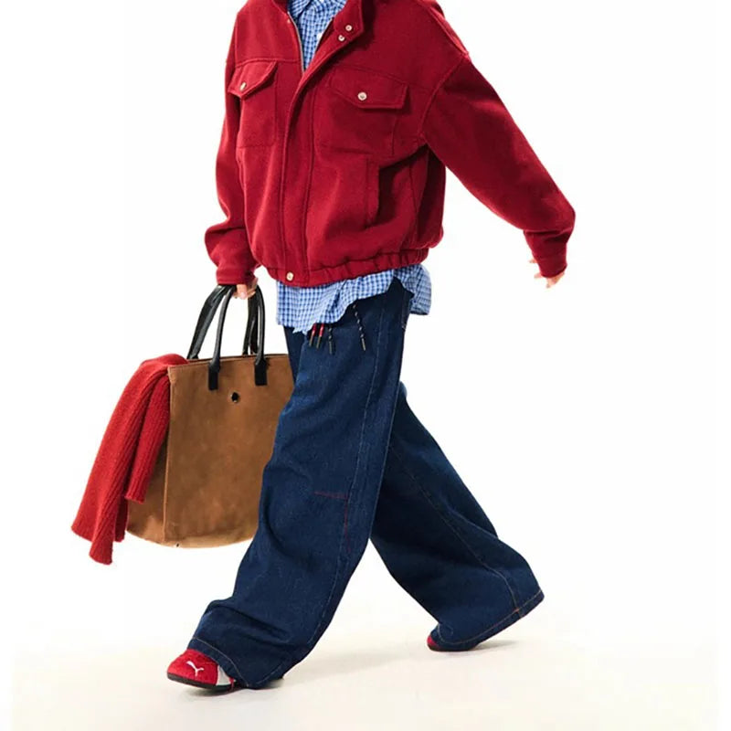 New Korean Retro Blue Straight Leg Jeans Casual Loose Wide Leg Pants Fashion Men's Wide Jeans High Quality Pants