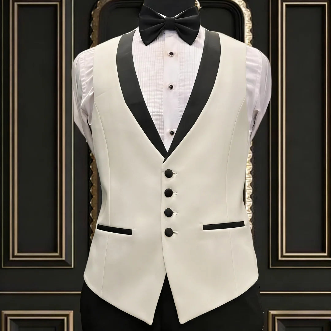 Men Vest Ivory With Black Lapel Single Breasted Waistcoat For Banquet Wedding Business Work Office Casual Daily Men Suit Vest