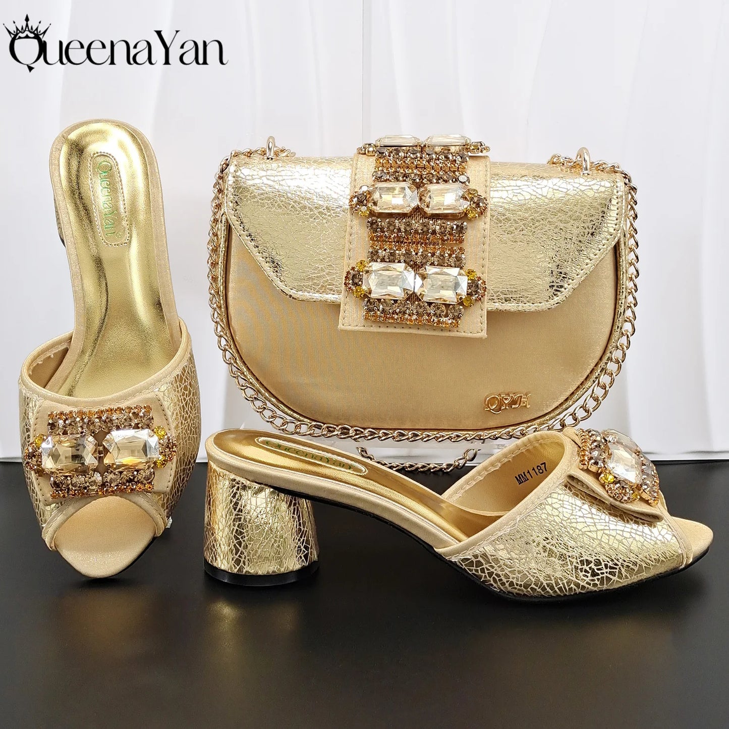 Newest Italian Design Fashion Comfortable Olive Color Peep Toe Party Wedding or Work Women's High Heels with Diamond Oval Bag