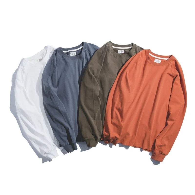 100% Cotton Loose Crew Neck Long Sleeve T-shirts Men's  230g Thin Breathable Tee Shirt Basic Solid Color Oversized Tops