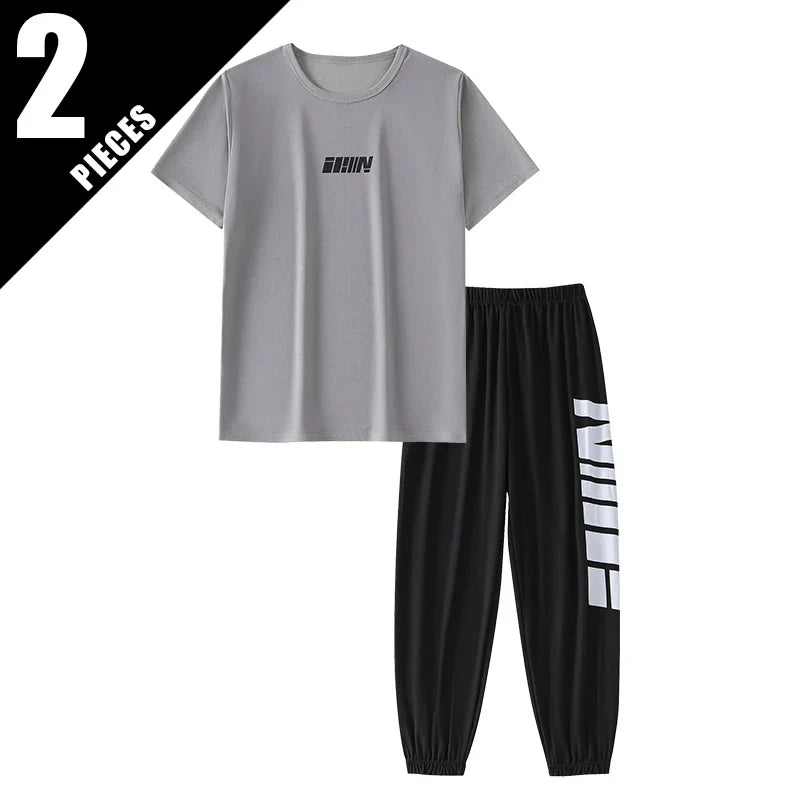 2-pcs Summer Youth Fashion Letter Set 13-16 Year Old Boys and Girls Simple and Versatile Letter Short Sleeve T-shirt Black Pants