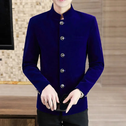 Men's Light Luxury Golden Velvet Coat Youth Fashion Trend Solid Color Stand Collar MAO Suit Handsome Boutique Item