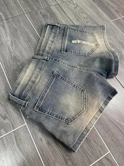 American Retro Washed Worn Denim Shorts Jeans Women's Summer Design Riveted Low-rise Hot Pants Shorts Feminino