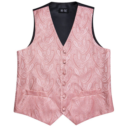 Wedding Coral Pink Mens Vest Silk Tie Set Adjustable Jacquard Waistcoat Jacket Necktie Hanky Cufflinks Formal Party Gifts