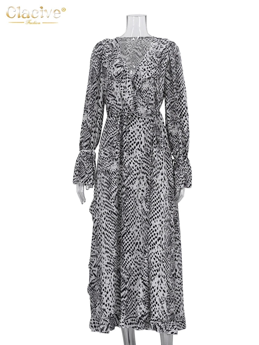 Fashion Loose Print Women's Dress 2025 Sexy V-Neck Long Sleeve Ankle Length Dresses Elegant Classic Ruffles Female Dress