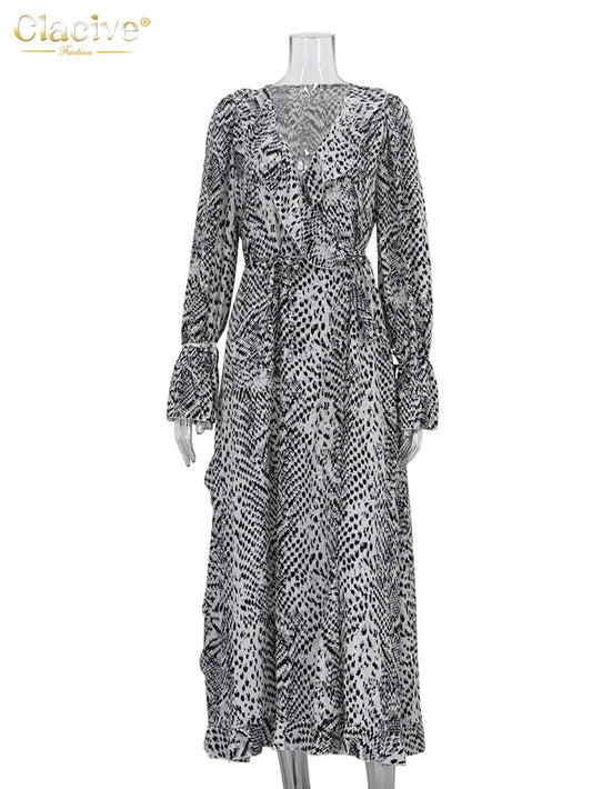 Fashion Loose Print Women's Dress 2025 Sexy V-Neck Long Sleeve Ankle Length Dresses Elegant Classic Ruffles Female Dress