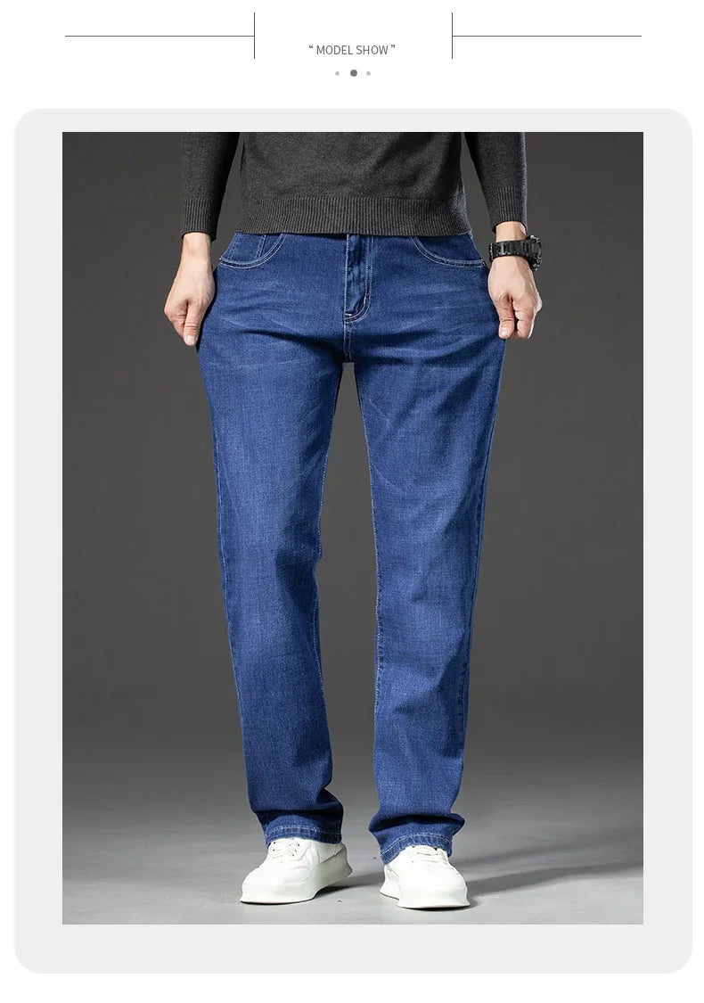 2025 Spring Autumn Men's Straight Jeans Denim Pants Classic Style Business Stretch Casual Trousers Large Size 40 42 44 46