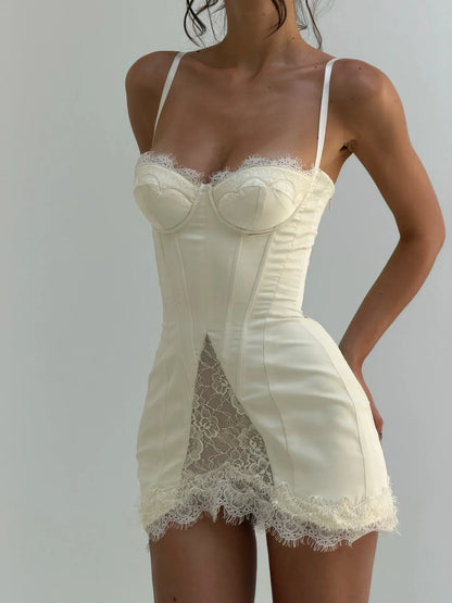 New slimming belted lace halter dress French style sexy short figure-hugging summer dress satin fishbone detailing Y2K Daily