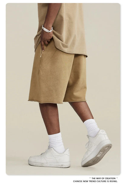 New Summer Men Retro Washed Shorts Unisex Drawstring Loose Edge 420gsm Solid Knee Length Cotton Pants Streetwears HY0589