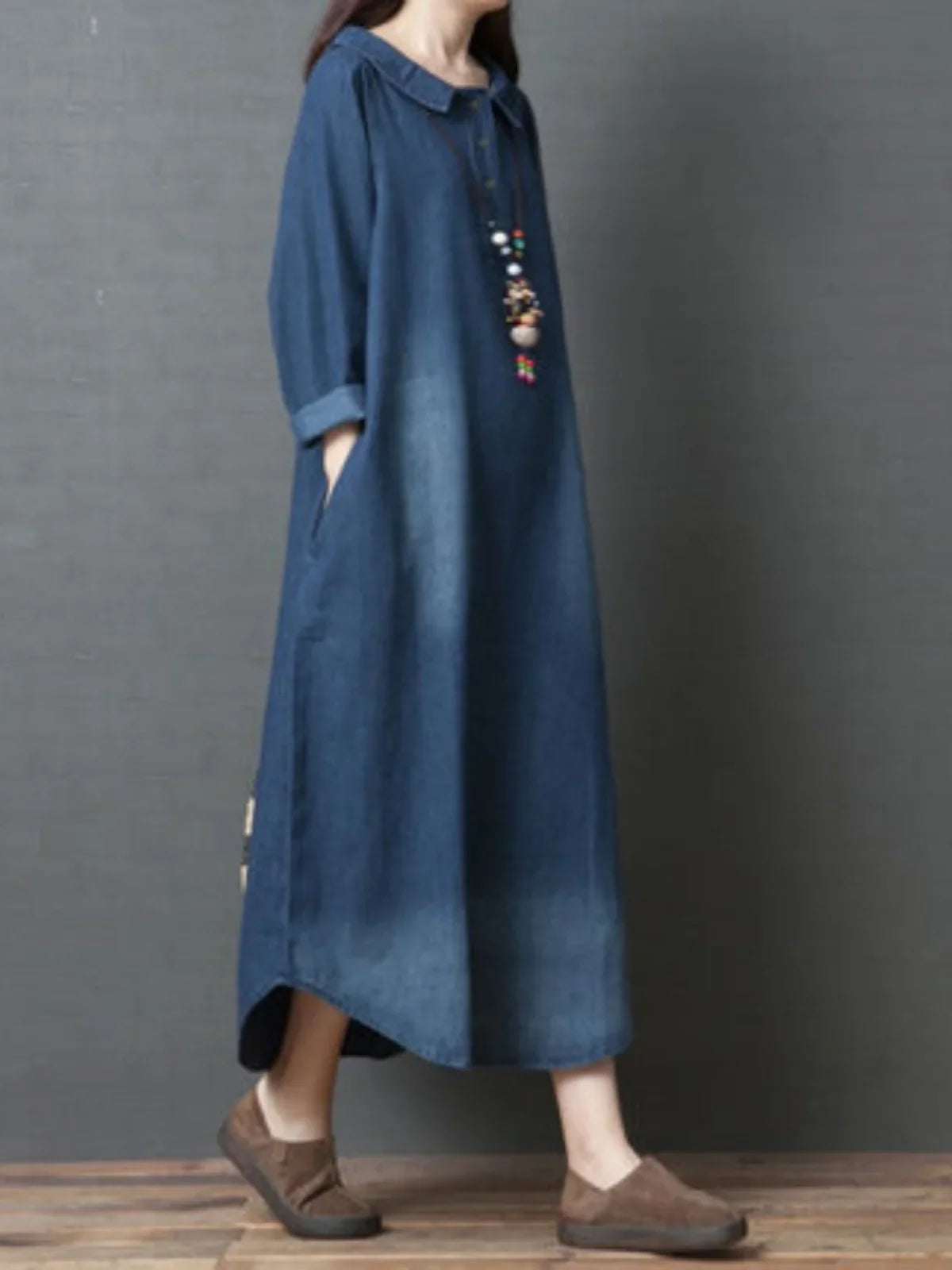 Women's Denim Dr Long Sve Loose Fit irt Sle Autumn Spring Faion plus Size Clothing Meat Concealing Slimming Skirt