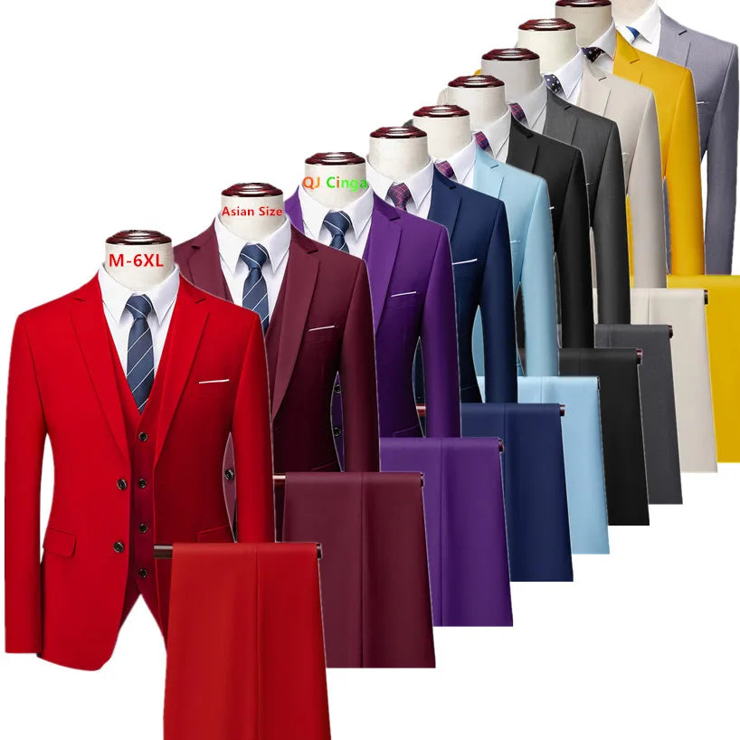 2026 New Men's Suit 3-Piece, Wedding Party Dress Jacket Vest Trousers, Fashion Slim Fit Blazer Waistcoat Pants Red Blue Green