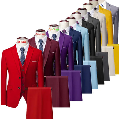 2026 New Men's Suit 3-Piece, Wedding Party Dress Jacket Vest Trousers, Fashion Slim Fit Blazer Waistcoat Pants Red Blue Green