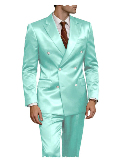 Luxury Men's Shiny Satin 2 Piece Suit Peak Lapel Double Breasted Jacket Pants Elegant Slim Fit Formal Tuxedo for Wedding Party