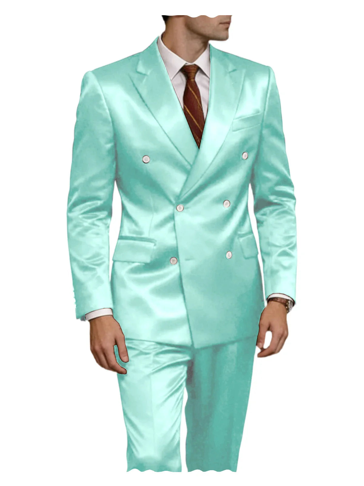 Luxury Men's Shiny Satin 2 Piece Suit Peak Lapel Double Breasted Jacket Pants Elegant Slim Fit Formal Tuxedo for Wedding Party