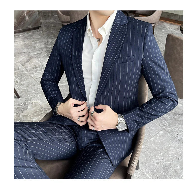 Men's Fashion High-Quality Slim Fit Two-Piece Suit Set Spring Autumn Stripes Business Casual Trousers And Jacket Combo