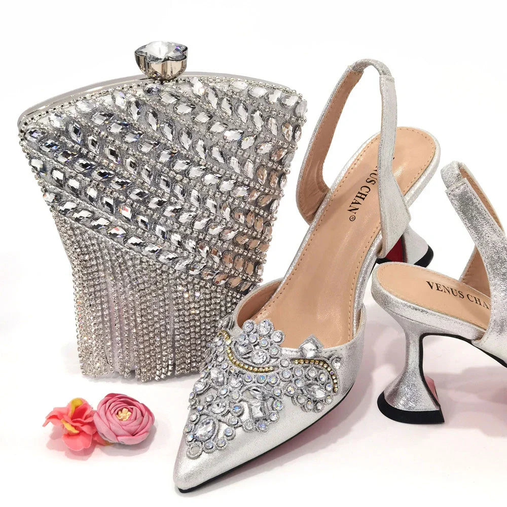 2023 New Fashion Simple And Versatile Silver Pointed Toe High Heels Comfortable To Wear Party Ladies Shoes And Bag