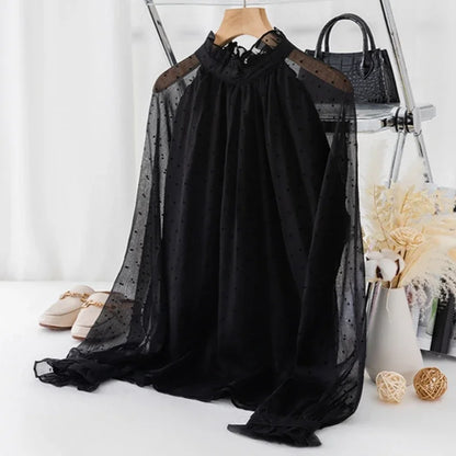 Spring Summer Black Polka Dots Mesh Women's Chiffon Blouses 2025 New Long Sleeve Stand Collar Vintage Loose Shirts Female