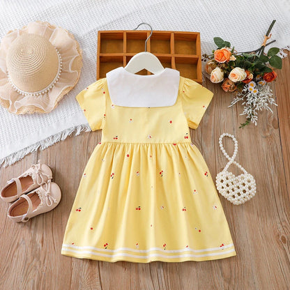Baby Girls Summer Dress Short Sleeved Turn Down Collar Cotton Clothes for Girls Aged 2-6 Years Kids Dresses