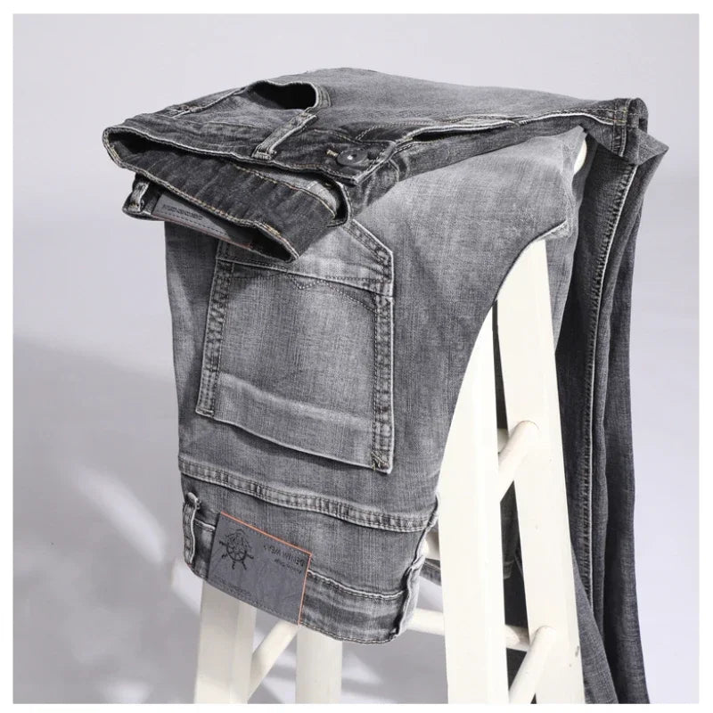 2026 Cotton Stretch Jeans Business Casual Men's Thin Denim Jeans Grey Spring Summer Brand New Fit Straight Lightweight