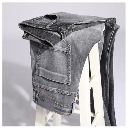 2026 Cotton Stretch Jeans Business Casual Men's Thin Denim Jeans Grey Spring Summer Brand New Fit Straight Lightweight