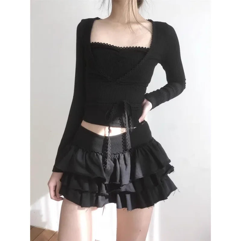 Y2k Lolita Mini Cake Skirt Soft Girl low Waist Ruffle Fluffy Fairy Skirts Summer Kawaii Cute Elegant Short Skirt Black