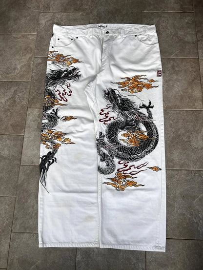 New White Jeans Y2K Dragon Pattern Mens American High Street Retro Korean Straight Pants Harajuku Hip-Hop Couple Wide Pants