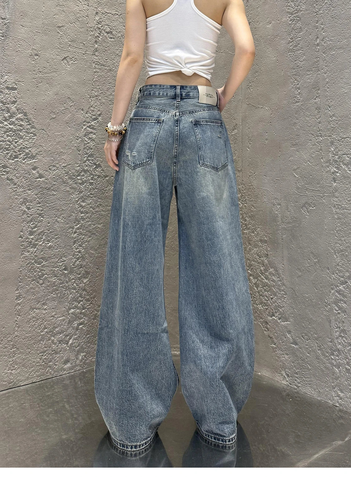 Streetwear Harajuku Jeans for Women Pantalones Vaqueros Mujer Chic Fake Two Denim Trousers Casual Straight Y2k Wide Leg Pants