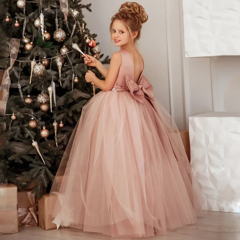 Customized Flower Girls Dress Dusty Pink Pearls Belt With Bow For Wedding Birthday Banquet Prom Ball Holy Communion Gowns