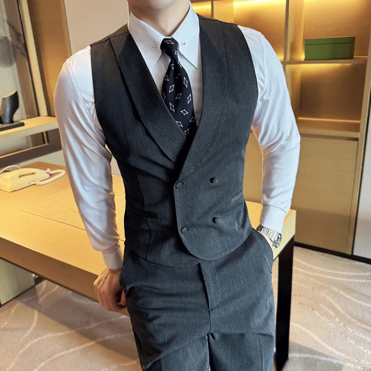 High-end Double-breasted Suit Vest With Pants 2024 New Men Fashion Slim Business Casual Best Groom Wedding Dress Vest  2 Pcs Set