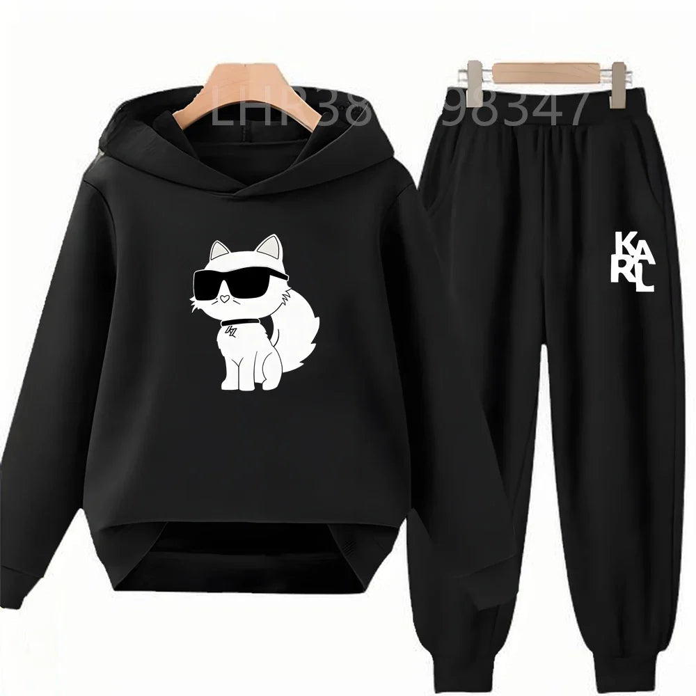 White Cat Black Cat Children's Hoodies Top+Bottom Suit Girls Pink Boy Black Age 3-12 Coat Casual Toddler Long Sleeves Clothing