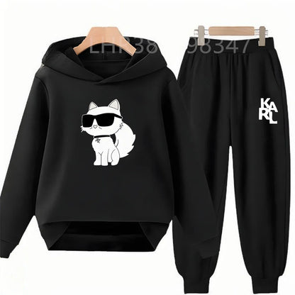 White Cat Black Cat Children's Hoodies Top+Bottom Suit Girls Pink Boy Black Age 3-12 Coat Casual Toddler Long Sleeves Clothing