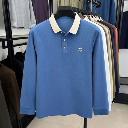 Fashion luxury brand long sleeve polo shirt men's autumn new trend badge embossed design Korean casual silk cotton lapel T-shirt