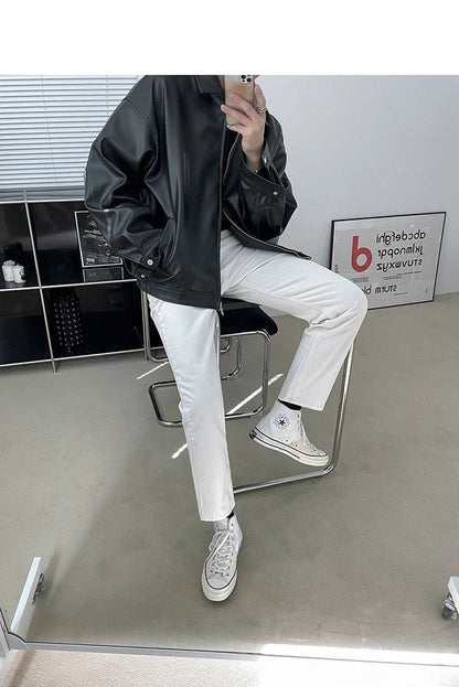Spring Autumn Cool Luxury Short Black Soft Light Pu Leather Jacket Men Zipper Casual Mens Jackets and Coats Fashion