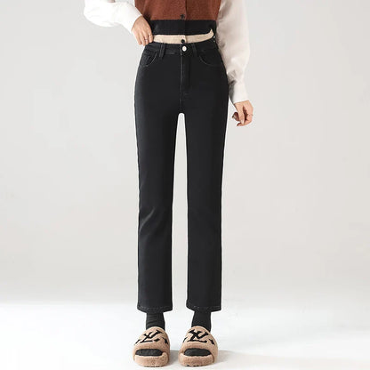 Winter Warm Jeans Women's Thickened Soft Comfortable Elastic Denim Pants Fashion Korean Straight Female Velvet Warm Clothing