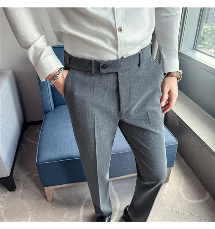 Spring Autumn New Elastic Waist Casual Trousers Male High Waist Dark Striped Slim Fit Pants Men Business Formal Casual Suit Pant