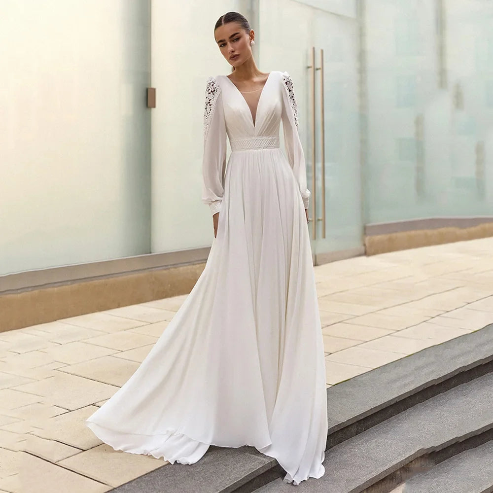 Beach Wedding Dress Robe De Mariee Customized Puff Sleeves Deep V Neck Lace Chiffon Summer Bridal Gonw Corset Bride Dresses