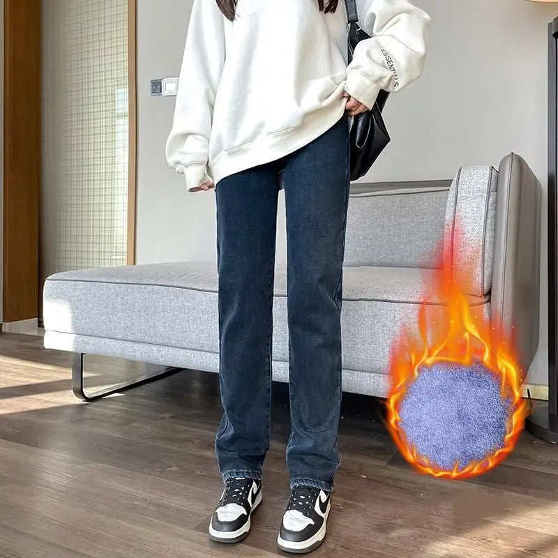 Black 2024 Winter Straight Fleece Jeans Women Casual Vintage Warm Thick Loose High Waist Elastic Velvet Denim Pants
