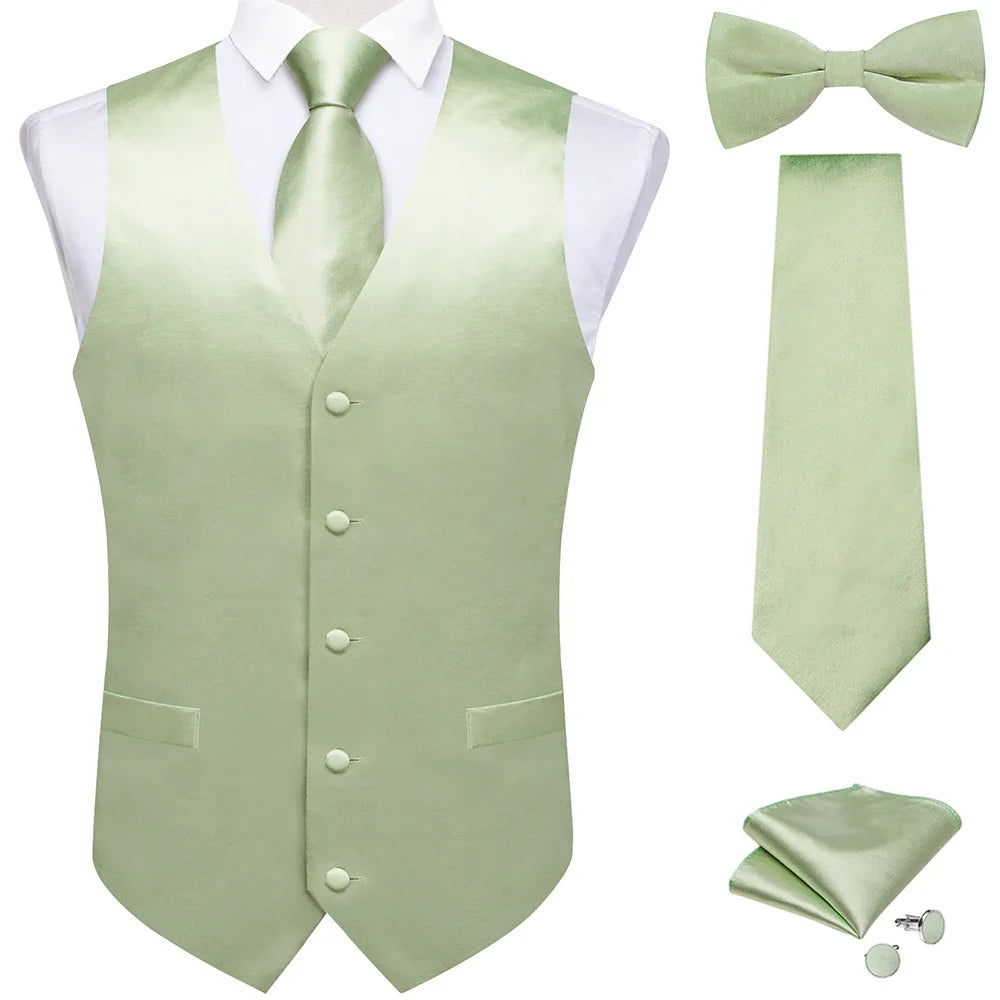 Black Satin Solid Suit Vest with Tie and Pre-tied Bow Tie Set Purple Blue Sage Green Wedding Party Men's Waistcoat DiBanGu
