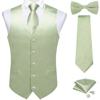 Black Satin Solid Suit Vest with Tie and Pre-tied Bow Tie Set Purple Blue Sage Green Wedding Party Men's Waistcoat DiBanGu