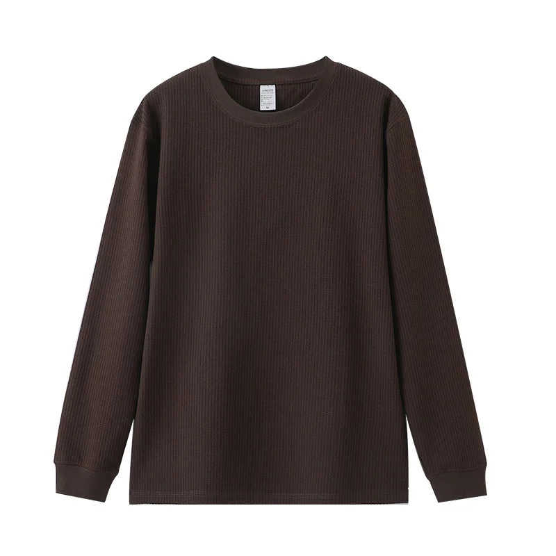 Autumn Lightweight Waffle Knit Base Layer Top  Men - Fashionable Loose Fit Versatile Long-Sleeved Round Neck T-Shirt/Sweatshirt