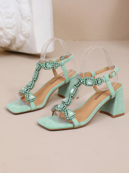 Glamorous Pink/Green Gemstone High Heel Sandals  Women's Elegant Rhinestone Ankle Strap Party Wedding Footwear