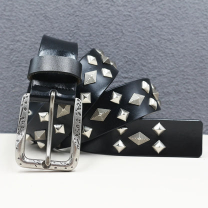 Rock Genuine Leather Luxury Punk Belt Jeans Heavy duty Hollow manual  Designer Brand Belt Men Rivet Three-pin buckle Belt Male