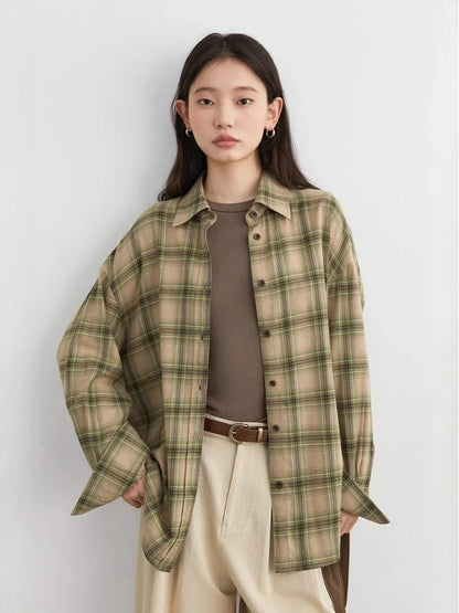 Women Shirts Loose Casual New Sanding Plaid Shirt Long Sleeve Medium Long Length Blouses Female Tops Spring Autumn 2025