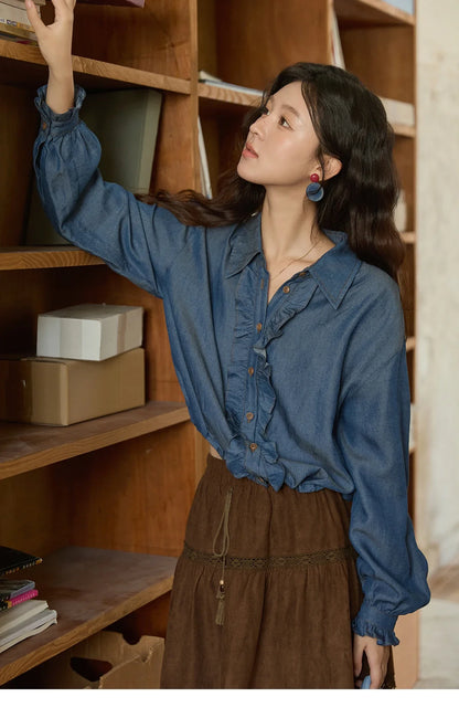 Blue Lyocell Imitation Denim Shirt for Women Autumn 2025 Ruffled Placket Contrasting Button Waist Cinc Shirt MXE43C2386