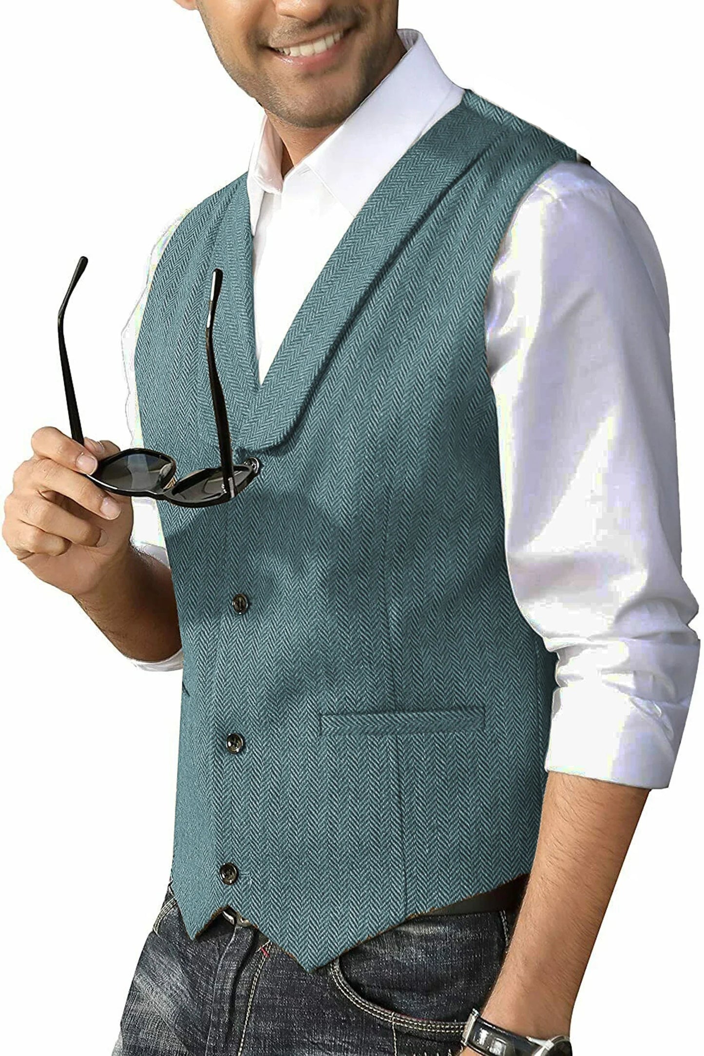 Men's Casual Suit Vest Shawl Lapel Wool Tweed Herringbone Dress Waistcoat for Wedding Party Dinner Herringbone Vests