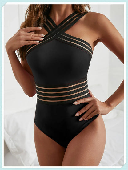 Solid Mesh Tape Swimsuit 2026 One Piece Sexy High Neck Swimwear Women Cross Front Bathing Suit Female Padded Beachwear Bodysuit
