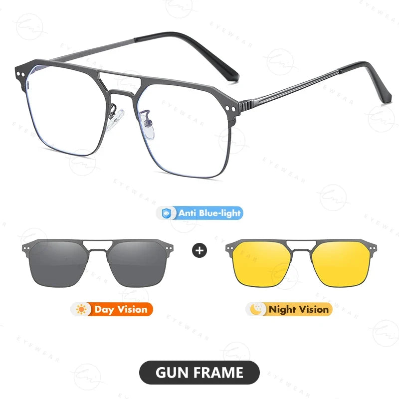 2025 New 3 In 1 Magnetic Multifunctional Men's Glasses Polarized Day Night Vision Clip Eyeglasses Blue Light Blocking Glasses