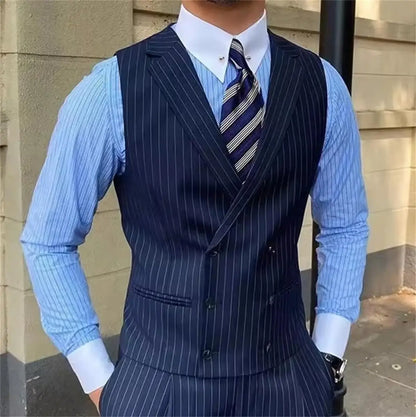 British Style Business Men's Striped Suit Vest Retro Double-breasted Elegant Slim Lapel Casual Men's Vest Retro Waistcoat Trendy