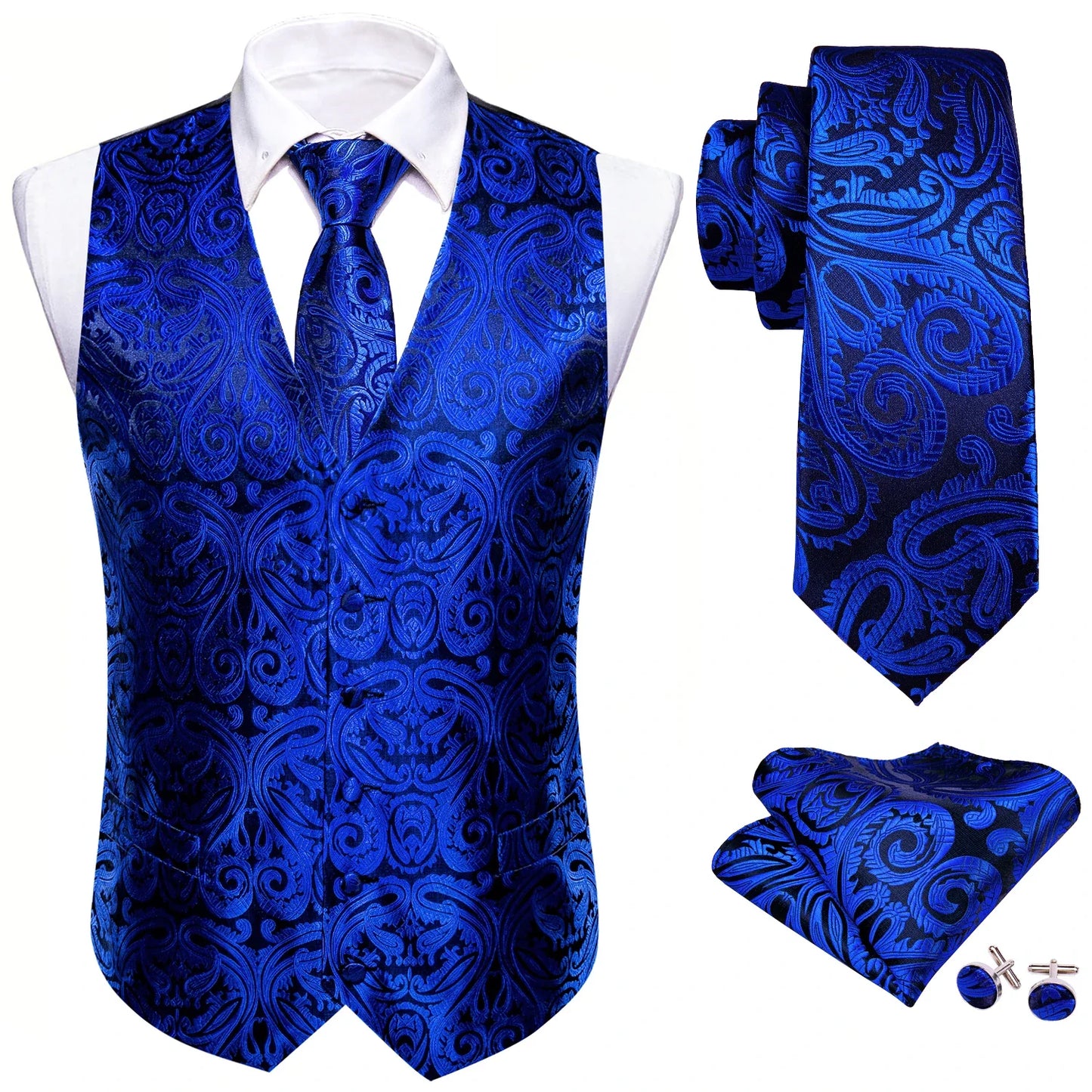100 Colors Men Vest Tie Hanky Cufflinks Set Waistcoat Paisley Floral Jacquard Sleeveless Jacket Wedding Business
