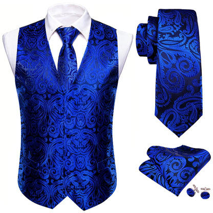 100 Colors Men Vest Tie Hanky Cufflinks Set Waistcoat Paisley Floral Jacquard Sleeveless Jacket Wedding Business